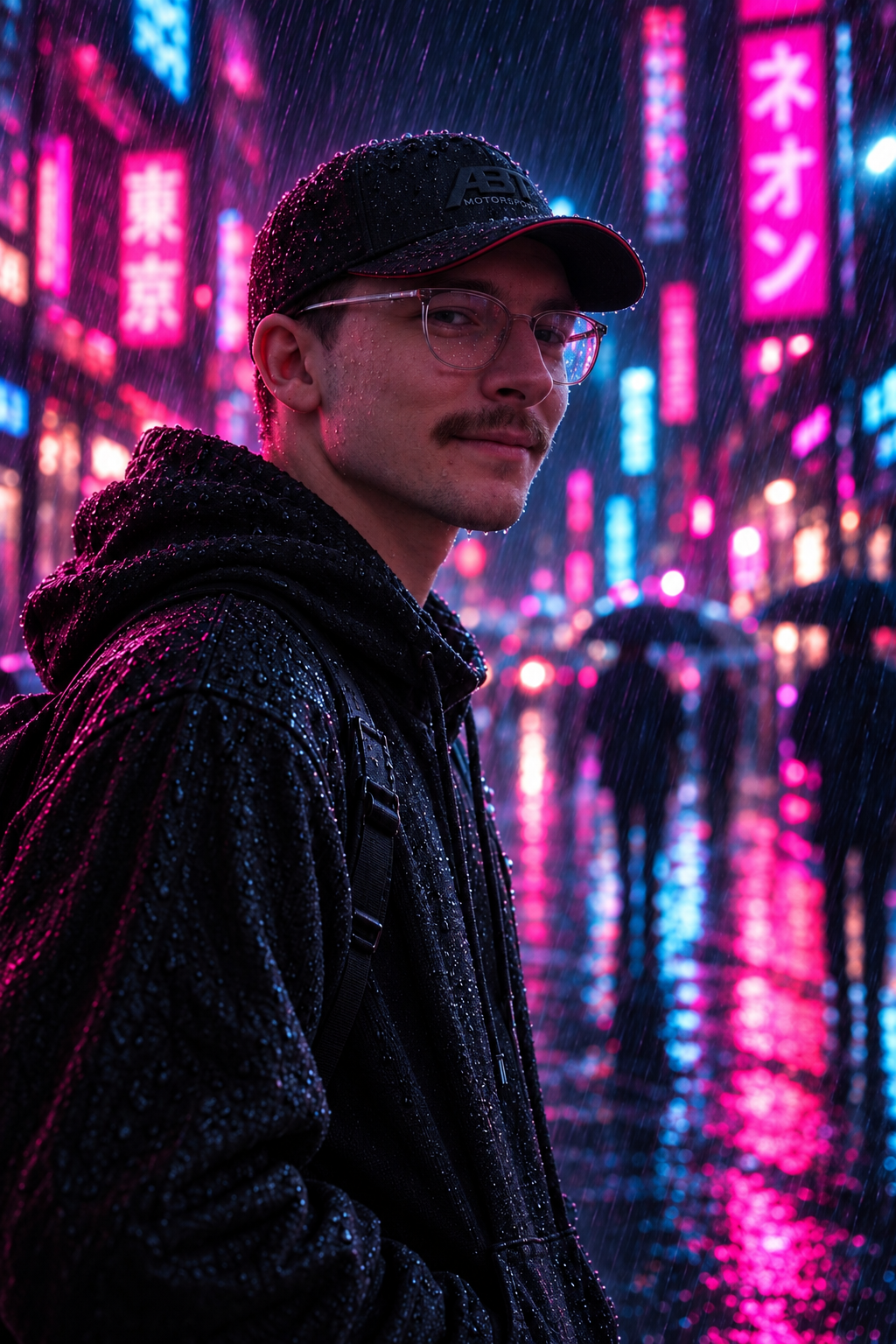 Dein Porträt in einer regennassen, neonbeleuchteten Cyberpunk-Straße